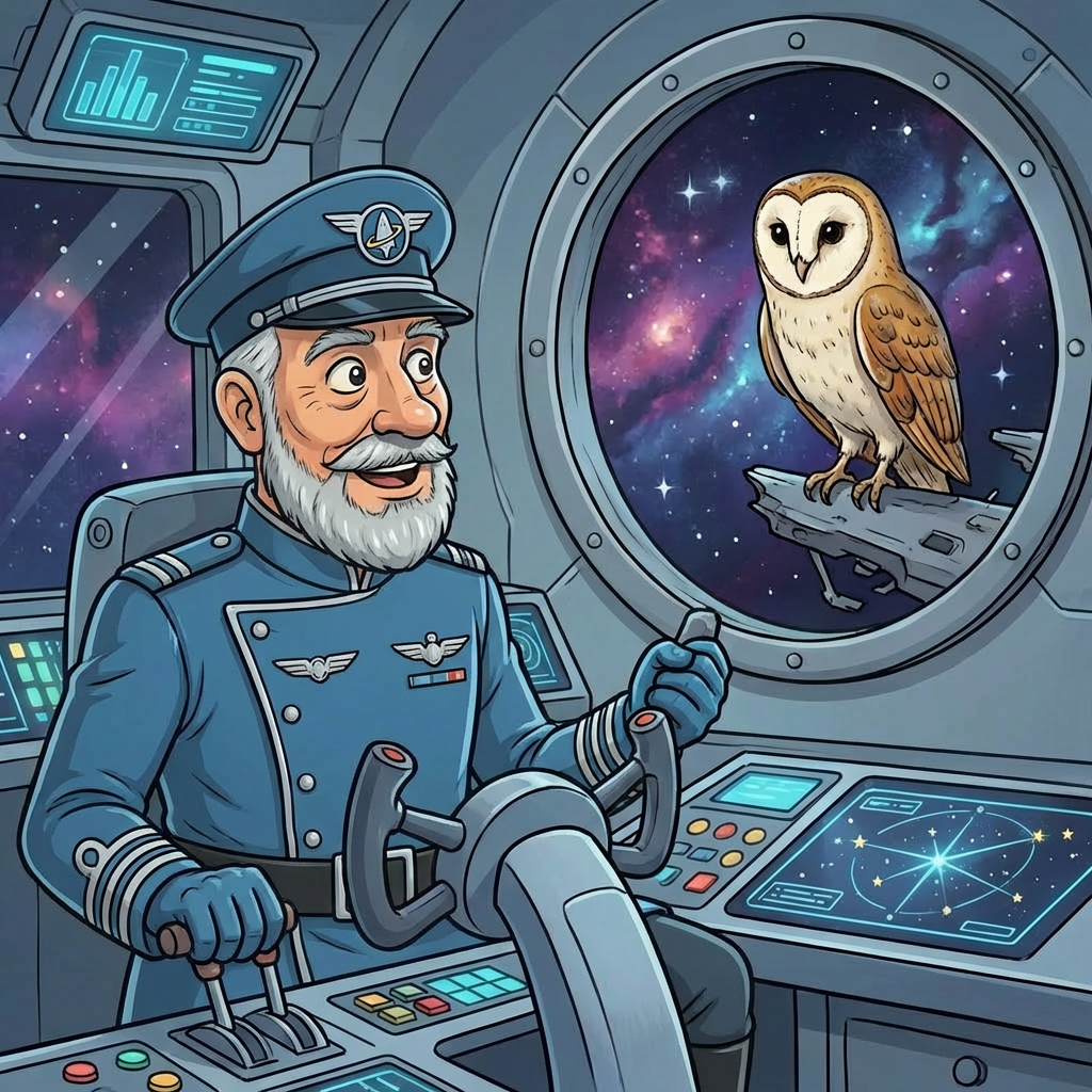 Cartoon sailor steering a ship during a storm with an owl watching through a porthole.